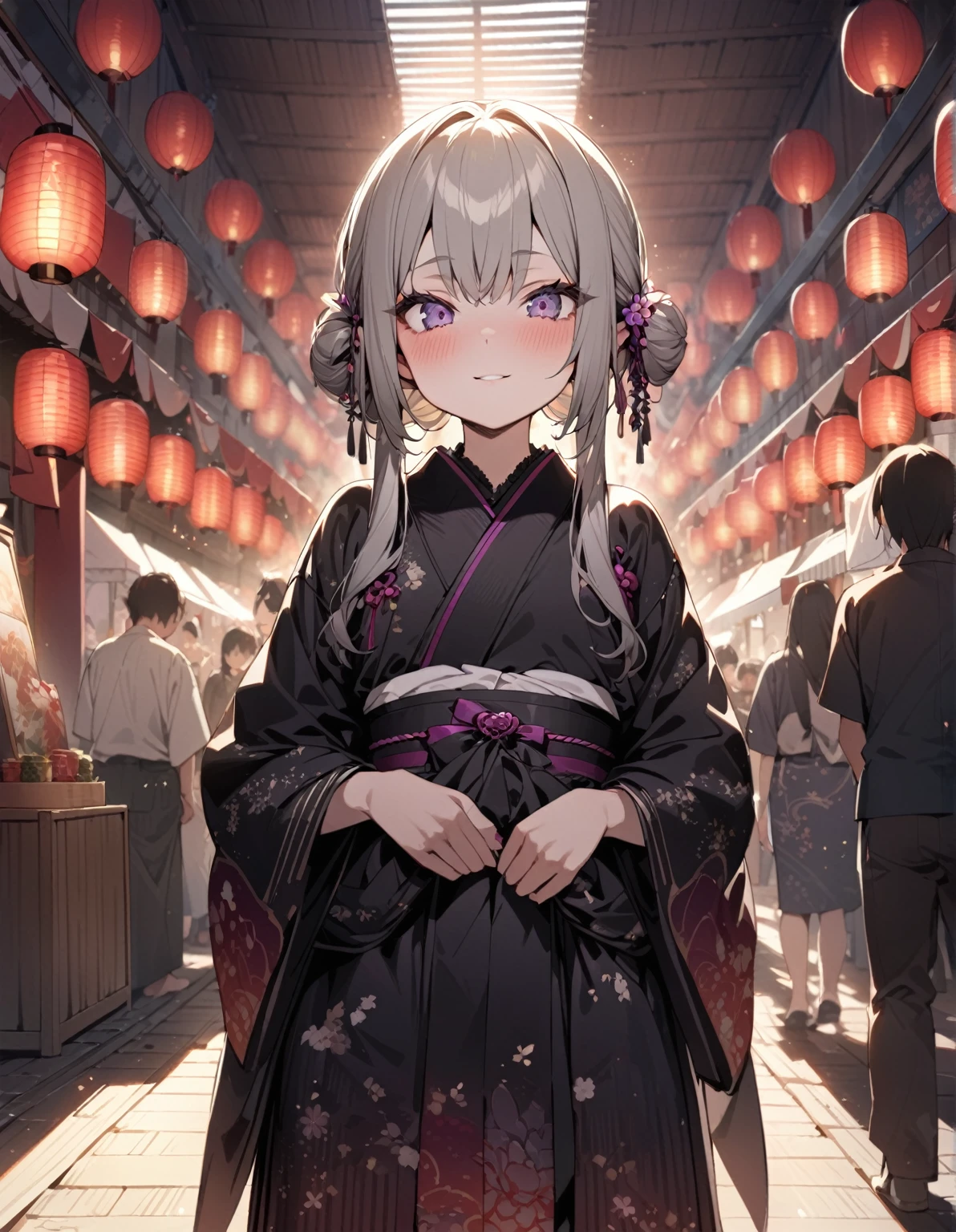 one beautifu girl walking around the Japanese festival venue,long straight gold ash hair,wearing Yukata(put the element of goth ).,light smile,(masterpiece), (best quality), (ultra-detailed), (illustration), (detailed light),(an extremely delicate and beautiful),(beautiful details eyes),Japanese festival.natural light, wide angle shot, and high quality photo.
