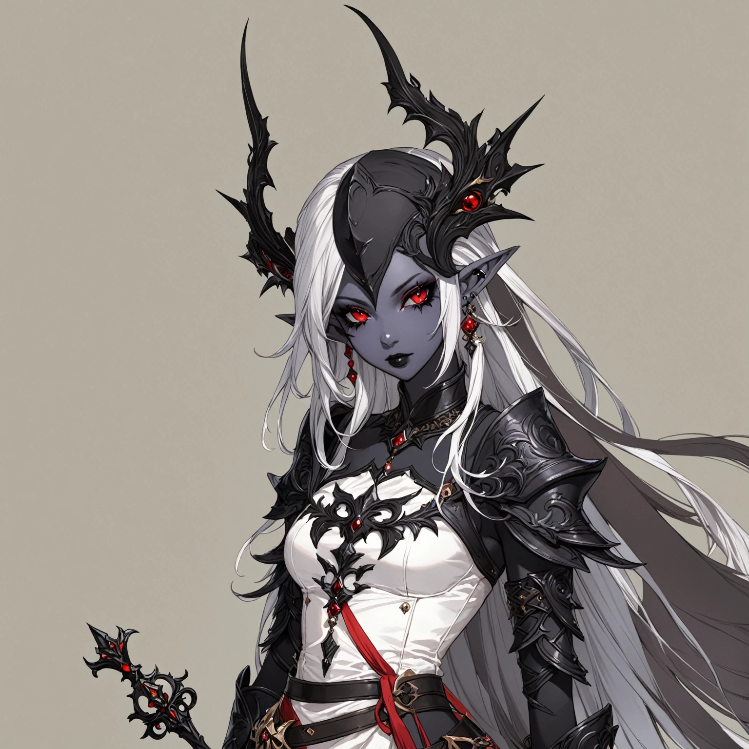 masterpiece, best quality, good quality, Fantasy Aesthetic, Highly detailed, shadowverse style, female, black hair, black skin, drow, black sclera, pointy ear, long hair, red eye