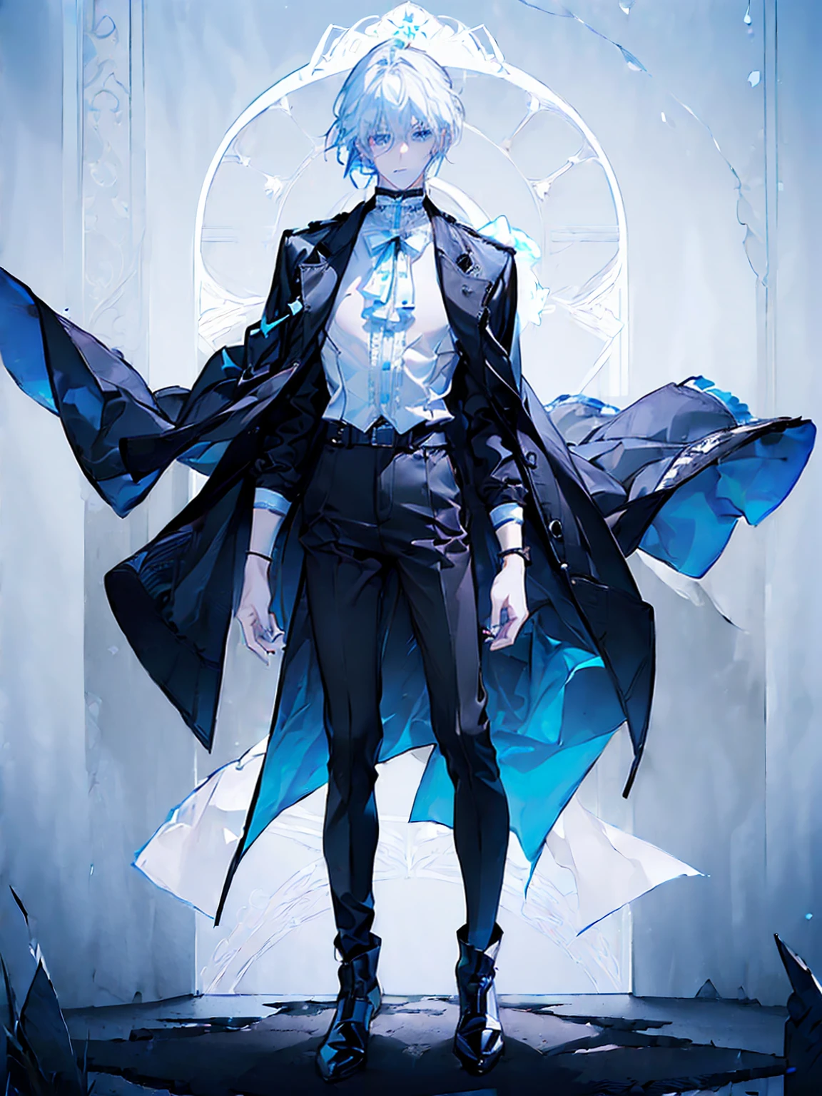 ((full body: 2)), ((UHD, masterpiece, super detail, best quality, highres, 8k)), (detailed line art), perfect face, perfect body, perfect hands, perfect feet.
Humans, around 20 years old, ((two characters)), (2males: 2.0), male idols, (simple background, magazine cover style: 1.5).
Features of the first person :Gentle atmosphere, standing on the right, (bright blonde hair), (parallel eyebrows, light blue eyes, droopy eyes, thin lips), (white top, collarbone-revealing shirt, puffed sleeves shirt, white ribbon decorations:1.5, white frill decorations:1.5, white corset, high-waisted white pants, white belt, white leather shoes), (white ribbon choker), (angelic atmosphere), (looking forward).
Features of the second person : Cool atmosphere, standing on the left, (black hair), (parallel eyebrows, light blue eyes, slanted eyes, thin lips), (black top, high-neck top, tight-fitting top, black jacket, short-length jacket, black belt decorations:1.5, black pants, black belt, black leather shoes), (black earrings, black bracelet), (devilish atmosphere), (looking forward).