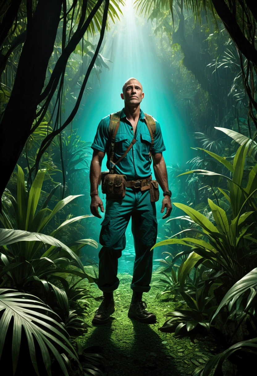 (Jungle Adventurer), photography, untitled, in the style of dark black and (Turquoise Green), luminous shadows, flat figuration, high gloss, self-portrait, high detail, full body, award-winning, cinematic still, emotional, vignette, dynamic, vivid, (masterpiece, best quality, Professional, perfect composition, very aesthetic, absurdres, ultra-detailed, intricate details:1.3)