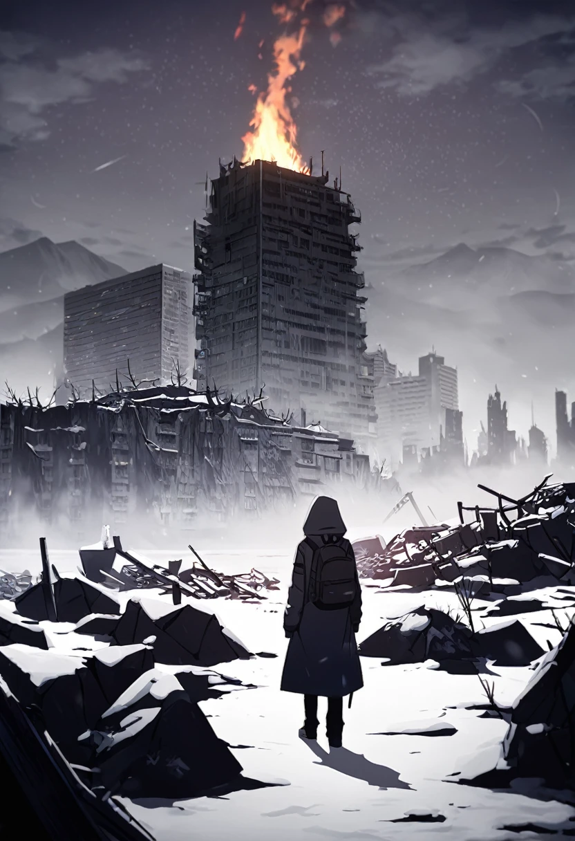 man, 21 years old, survivor, wearing a long jacket, Hood, mask, backpack, winter apocalypse, Loneliness, gloom, Dead city, bonfire, night