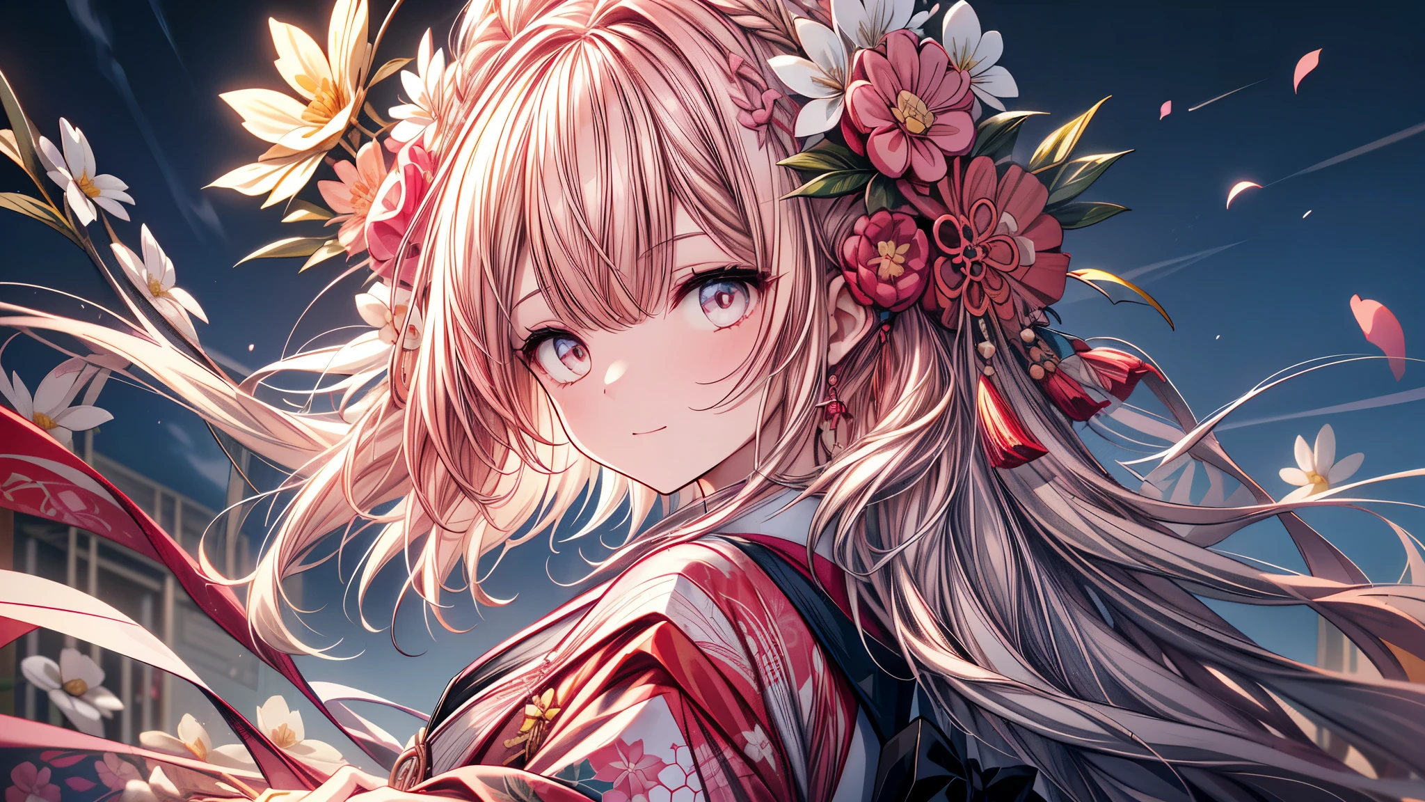 8k resolution, ((of the highest quality)), ((obra maestra)), ((super detailed)), (Muy delicado y hermoso), con a girl, solo, gentle expression, Ella es muy(relajarse)con(calma)apariencia, cabello rosado, Depth of written limits., sonrisa brillante, Young Expression, Bright peach eyes, beautiful cabello rosado, hermoso fondo, pelo largo, arte lineal, kimono rosa, Japan, Japan風, Eyes that shine like Flores de cerezo, Ojo superior, ojos maravillosos, Flores de cerezo, Flores de cerezo tree, Flores de cerezo flowers are dancing, parte superior del cuerpo