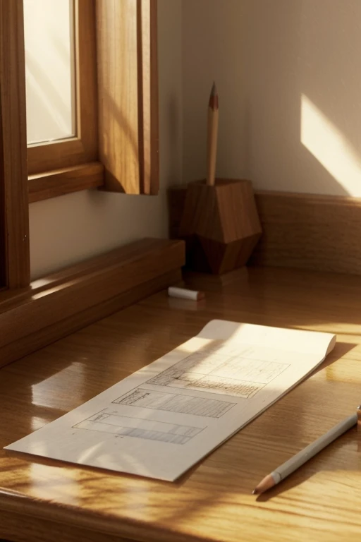 Imagine a wooden pencil with a sharp tip, lying on a wooden table. Sunlight comes through a nearby window, illuminating its surface. There may be an eraser on the top of the pencil, and maybe some sheets of paper next to it. The atmosphere is cozy and calm, transmitting a feeling of calm. the image must be in 3d cartoon