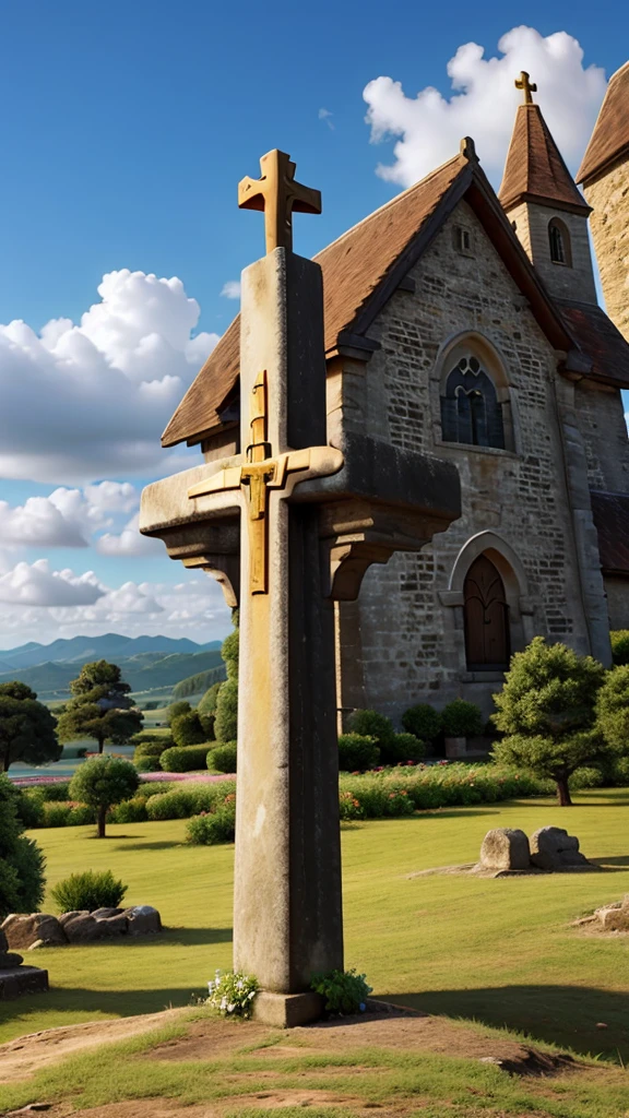 CHURCH CROSS WITH A LANDSCAPE BACKGROUND