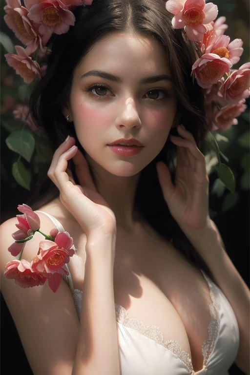 (Depth composition) (portrait of a young sexy woman with flowers), Inspired by Albert Lynch, oil painting