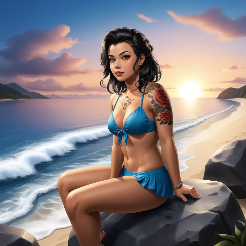 Beautiful picture of fade_valorant sitting on the beach enjoying the view, bikini, sitting on a rock, sunset, shoulders tattoo of a bear paw
