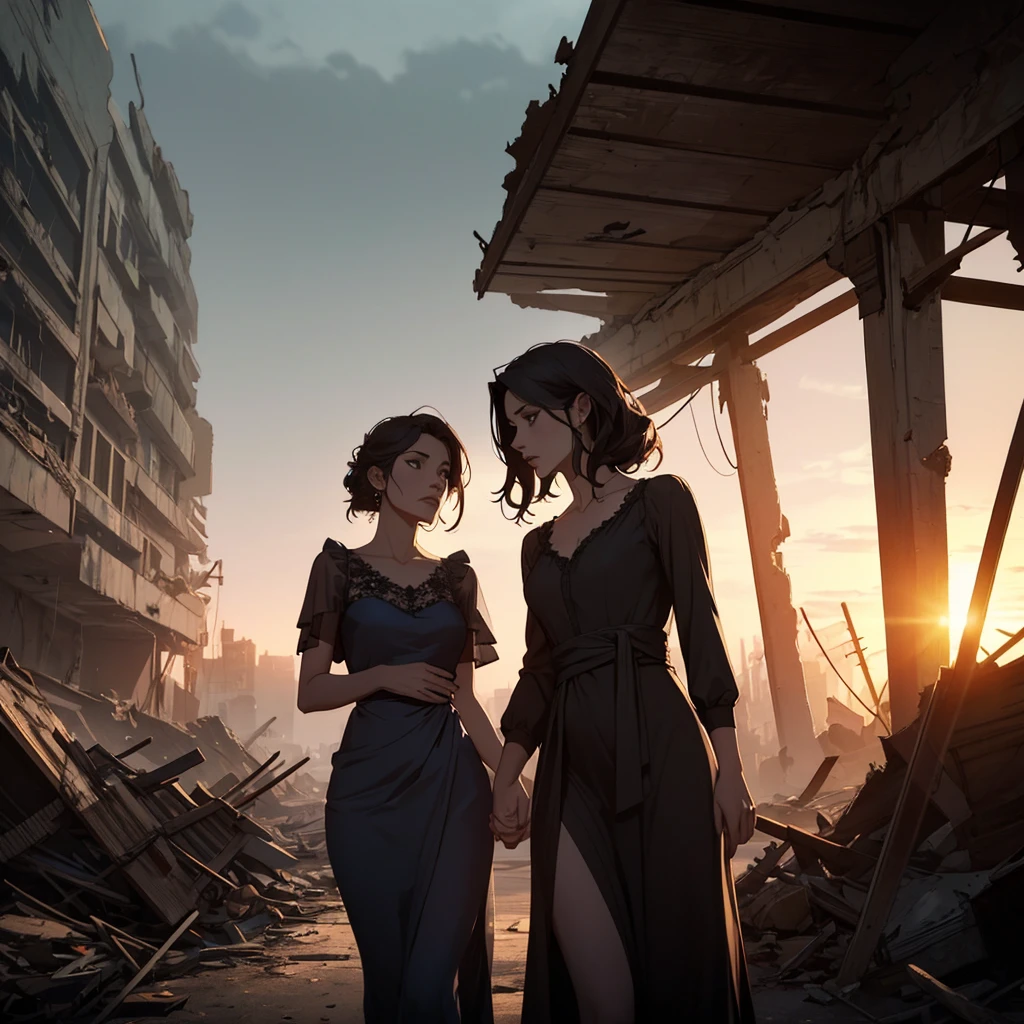 a mother and daughter holding hands looking at a destroyed city, detailed facial features, beautiful eyes and lips, elegant dress, warm lighting, cinematic composition, dramatic lighting, muted color palette, post-apocalyptic environment, highly detailed, 8k, photorealistic, masterpiece