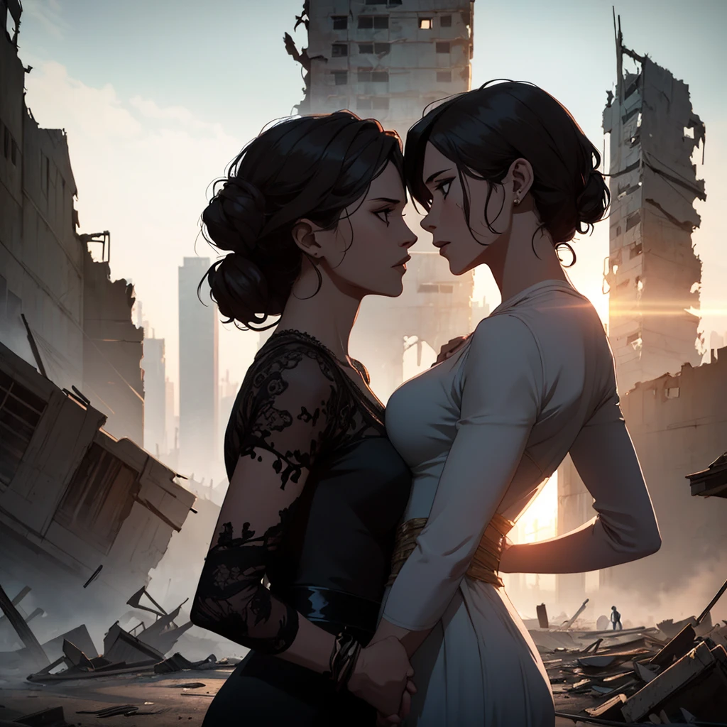 a mother and daughter holding hands looking at a destroyed city, detailed facial features, beautiful eyes and lips, elegant dress, warm lighting, cinematic composition, dramatic lighting, muted color palette, post-apocalyptic environment, highly detailed, 8k, photorealistic, masterpiece