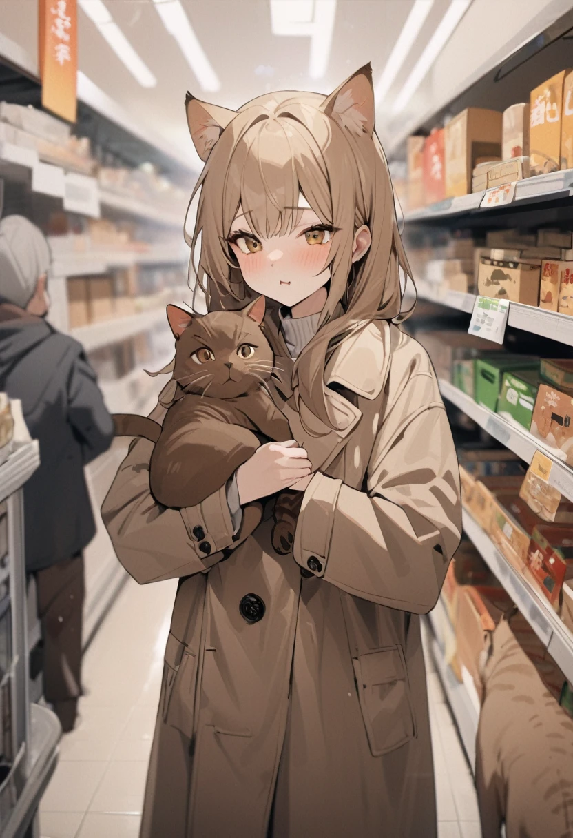 Brown cat in a Chinese supermarket, masterpiece, high quality, Wearing a wool coat, Kodak 400, Film Grain,Very detailed painted brown cat, high quality cat fur and features,