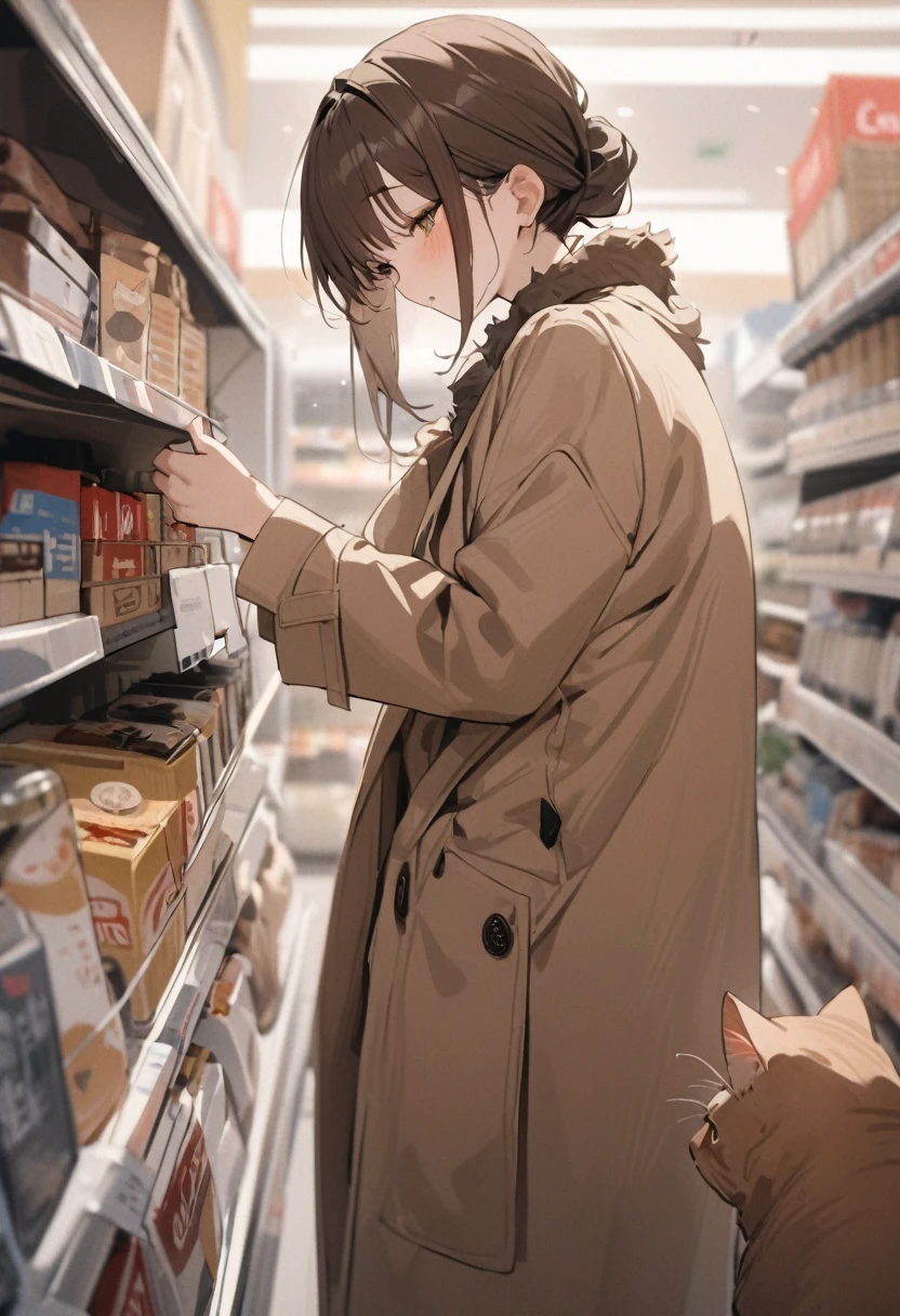 Brown cat in a Chinese supermarket, masterpiece, high quality, Wearing a wool coat, Kodak 400, Film Grain,Very detailed painted brown cat, high quality cat fur and features,