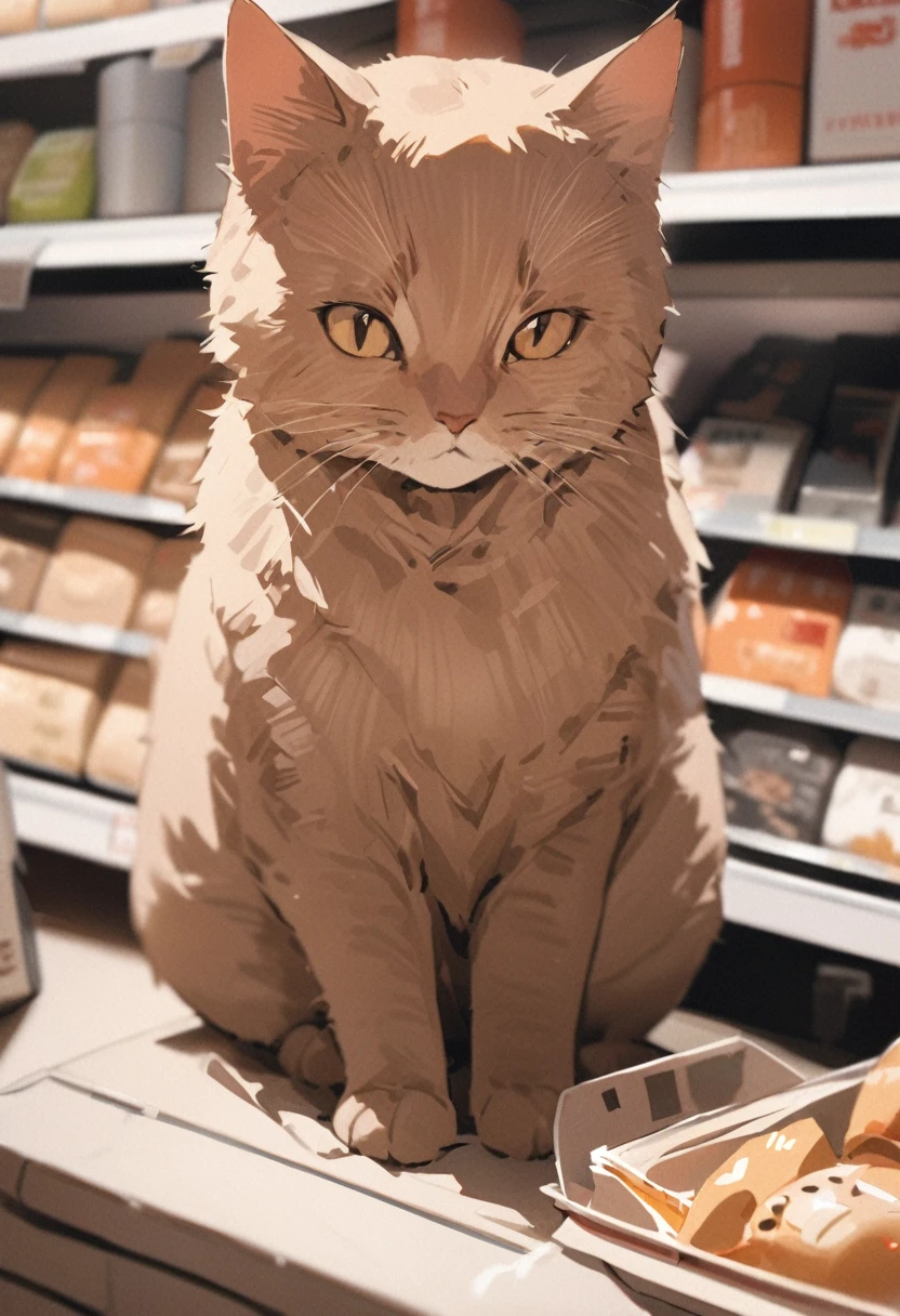 Brown cat in a Chinese supermarket, masterpiece, high quality, Wearing a wool coat, Kodak 400, Film Grain,Very detailed painted brown cat, high quality cat fur and features,