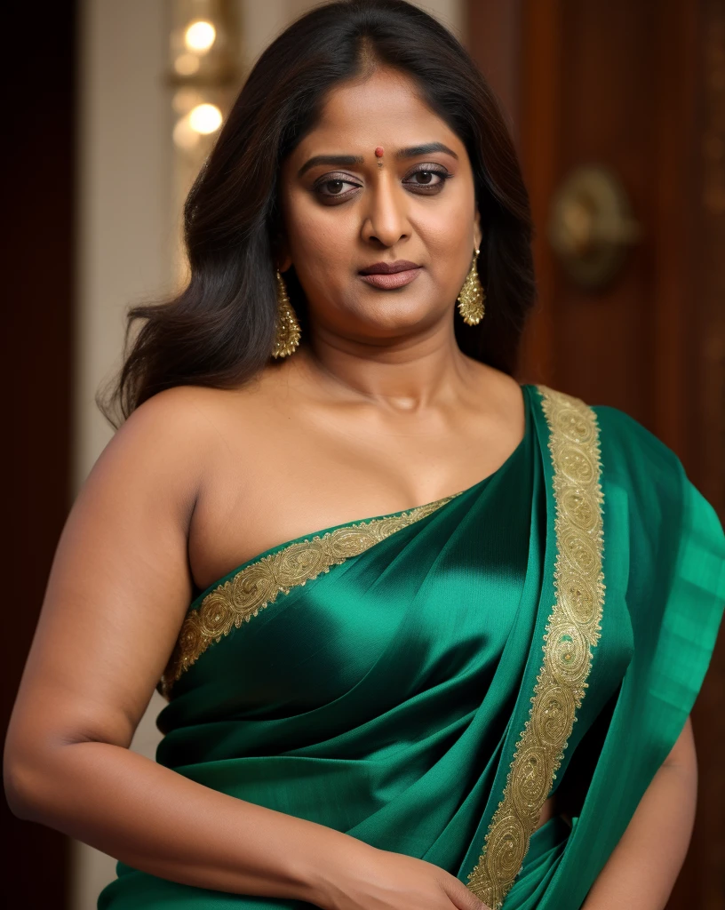 50yo mature MILF Anushka Shetty,((best quality)), ((masterpiece)), ((realistic)), Medusa, full body, the hair composed of countless small snakes, green eyes, female face,metal carved top, royal aura, trend on artstation , sharp focus, studio photo, intricate detail, very detailed, detailed eye, illustration, very detailed, sharp focus, digital render, professional, 4k, low waist saree satin sleeveless saree fashion,, she hates wearing any bra or blouse, thick figure, bulky figure, thick belly,