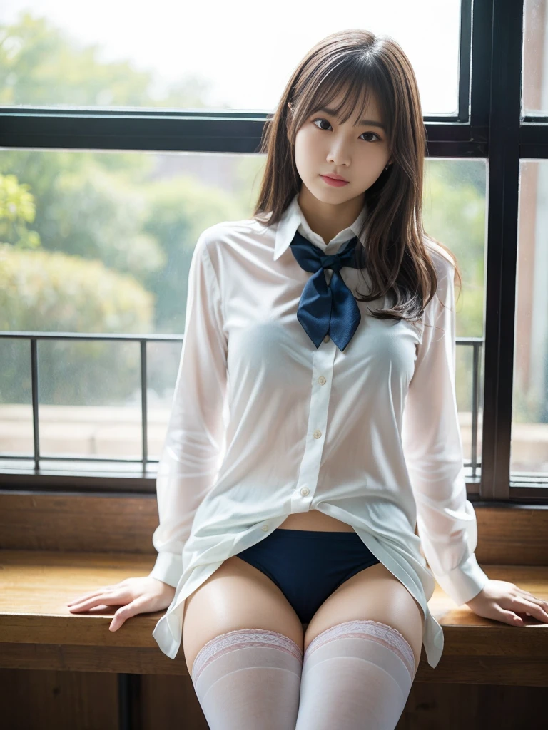 High resolution、High resolution、In 8K、RAWphotographgraphy、Highest quality、masterpiece、Tabletop、erotic、student、 good,White skin,knees,(Skin-colored pantyhose),Detailed Panty Pattern、Panty Focus、Pink Panties、Absurd,Small face、Big Breasts、前hairを真ん中から分ける、The forehead is visible,(Cold look<eyeを細めて,Glare,strong,Light anger)、masterpiece,Highest quality、超High resolution,RAWphotograph,only,Beautiful poop,One person, One personで,Dark look,Small breasts,whole body、very nice、JK ,high school girl,Japanese women,Are standing,(Realistic:1.37)、Photon Mapping,Light blue ribbon,Realistic、Cute Face,茶色のeye、Black socks、22 years old、(Red bow tie)、Radio City、物理ベースonlyダリング、prospect、Written boundary depth、Blurred Background、photograph,girl、body,Beautiful legs, Long legs, Thin legs,(前hairが見える), hair, lips, green_eye, Nose Soft,(Light blue shirt), (Navy Pleated Skirt), kneesが見える,See-through clothing,, thigh, black cotton socks,Nogizaka Idol, , Japanese Ido、キラキラしたeye、Glossy lips、