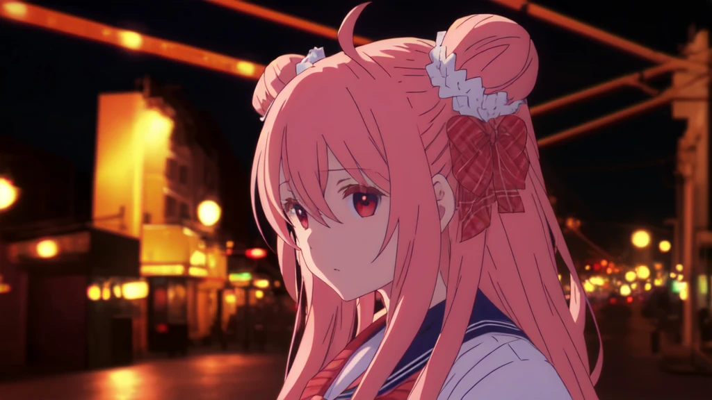 masterpiece, best quality, night street background, 1girl, solo, upper body, bow, serafuku, satou, anime wallpaper 4k, detailed background, detailed hair