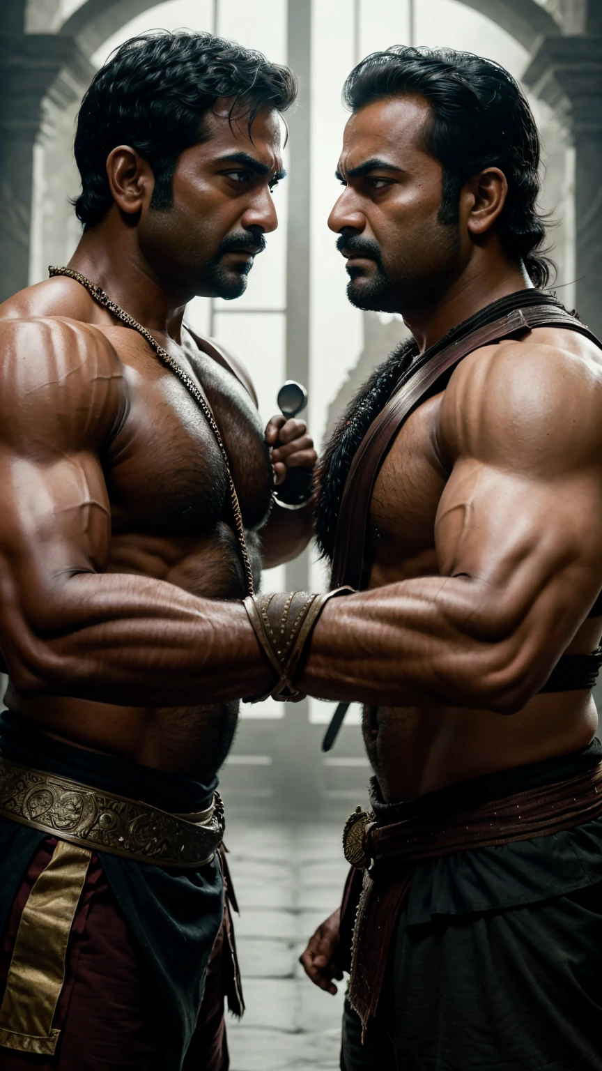 a highly detailed portrait of two muscular male warriors, biju menon and kunchacko boban, fighting each other with swords, intense facial expressions, chiseled features, toned bodies, dynamic poses, dramatic lighting, epic fantasy atmosphere, muted color palette, masterpiece, 8k, photorealistic