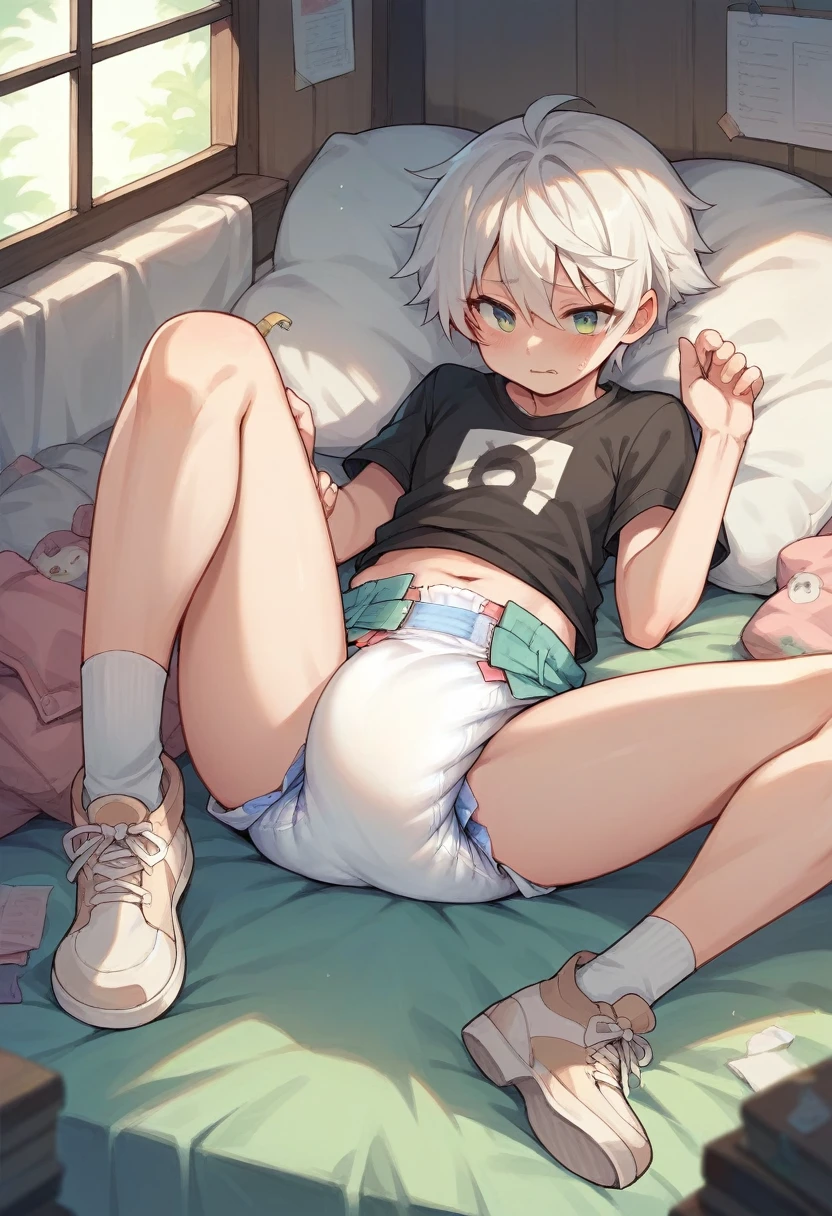 A , Kizi, wearing diaper, is , cos , black, white  hair, 