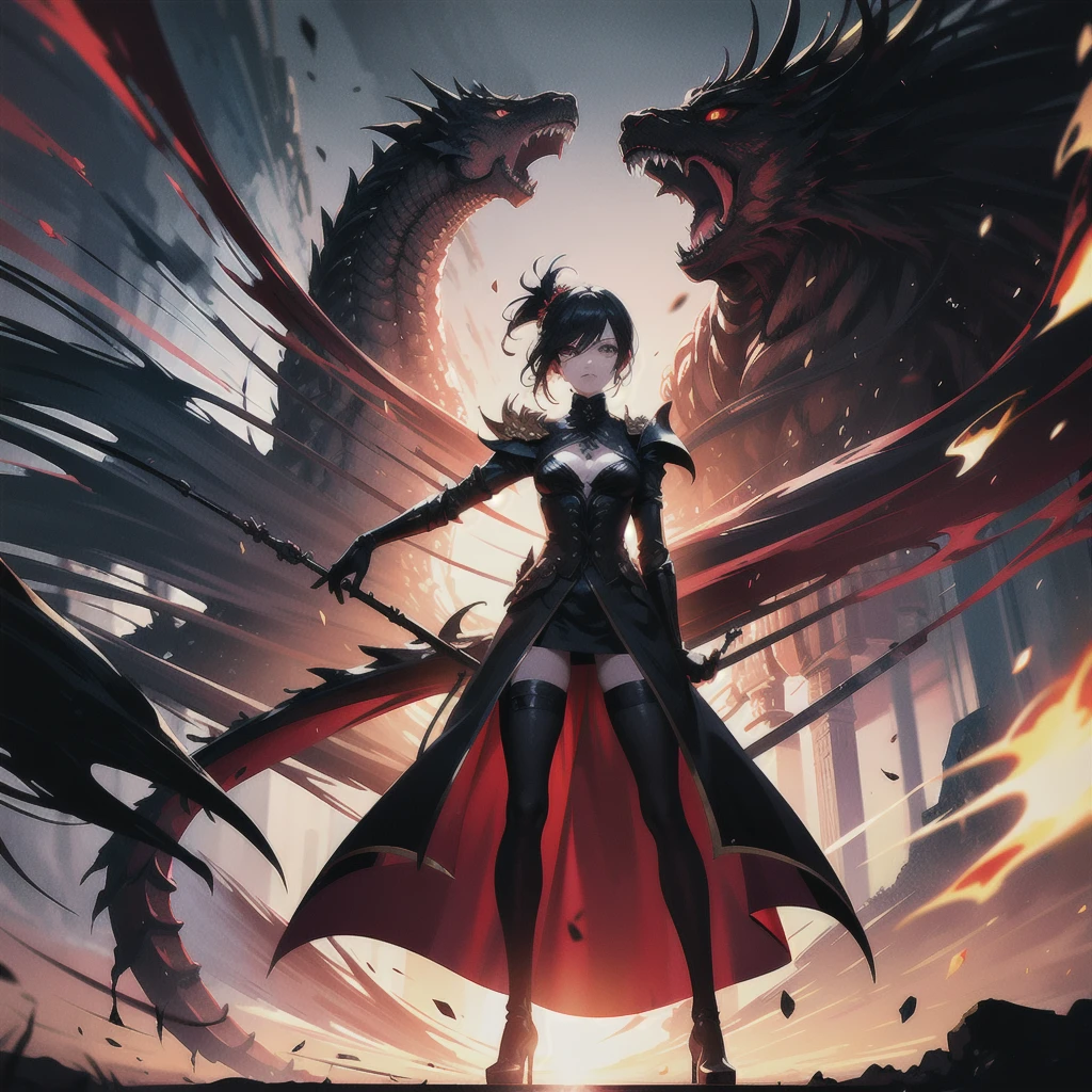 Title: Cover Art for "O Clã: Reino das Sombras"
Description:
"Create a dramatic and captivating cover art for the anime titled 'O Clã: Reino das Sombras.' The cover should feature the following elements:
Central Focus: A powerful and imposing figure representing the leader of the Dragon Clan, Kaida, in her intricately detailed battle attire with dragon symbols. She should be in a commanding pose, exuding strength and authority.
Background: The background should depict a dark and mysterious realm with a dramatic and stormy sky. Include elements of shadowy landscapes and towering mountains to reflect the 'Reino das Sombras' theme.
Supporting Characters: Surround Kaida with key members of the Dragon Clan in dynamic action poses. Show a few warriors in battle-ready stances, with one wielding a spear, another swinging a sword, and an archer ready to shoot.
Title Text: At the top or bottom of the cover, prominently display the title "O Clã: Reino das Sombras" in bold, stylized font that fits the fantasy theme. The text should be ornate and dramatic, perhaps incorporating dragon motifs or shadow effects.
Atmosphere: The overall atmosphere should be epic and intense, with high contrast between light and shadow to emphasize the conflict and grandeur of the story.
Color Scheme: Use a color palette with dark tones, such as deep blues, purples, and blacks, accented by fiery reds and golds to highlight the central figure and important elements."