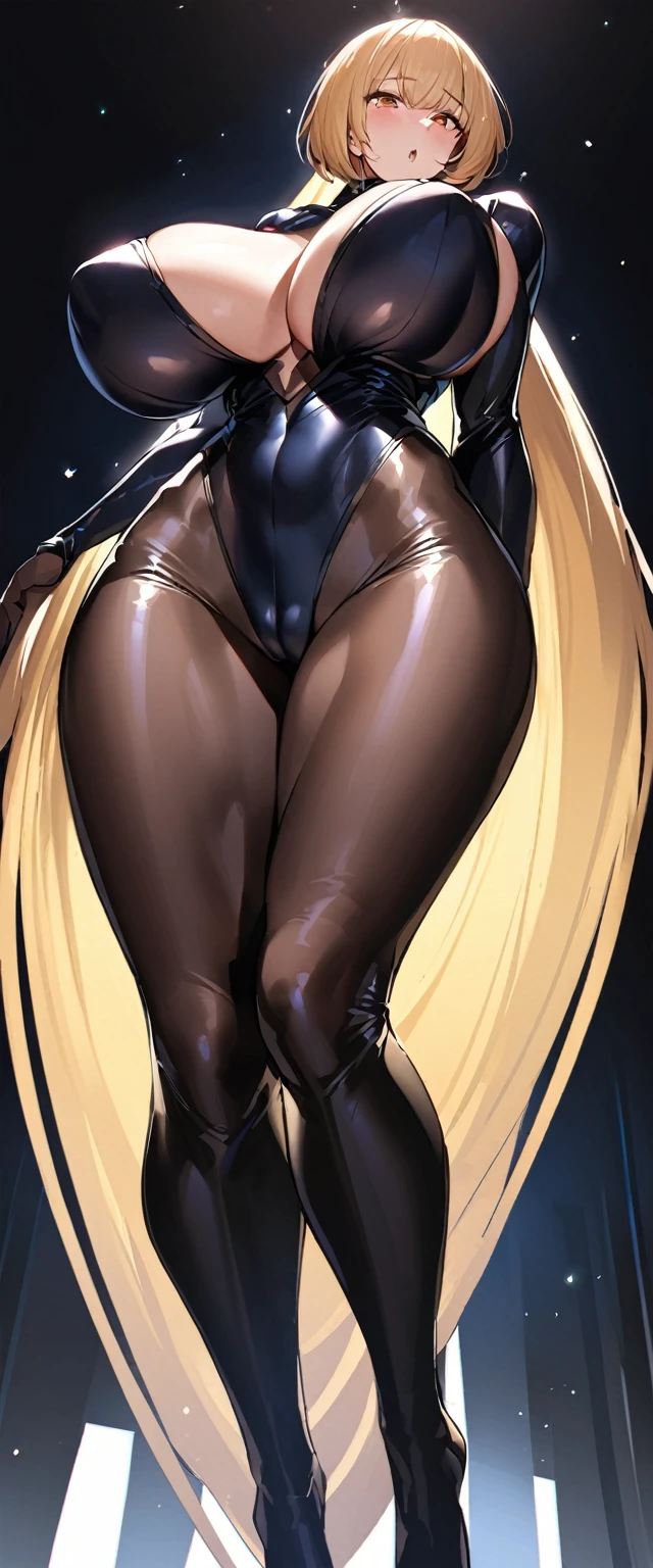 dutch_angle, from_below,full body,very tall girl, huge , big nipple, grabbiavage,thick thiglong legs, very long arms,small waist, black bodysuit,short hair, black background