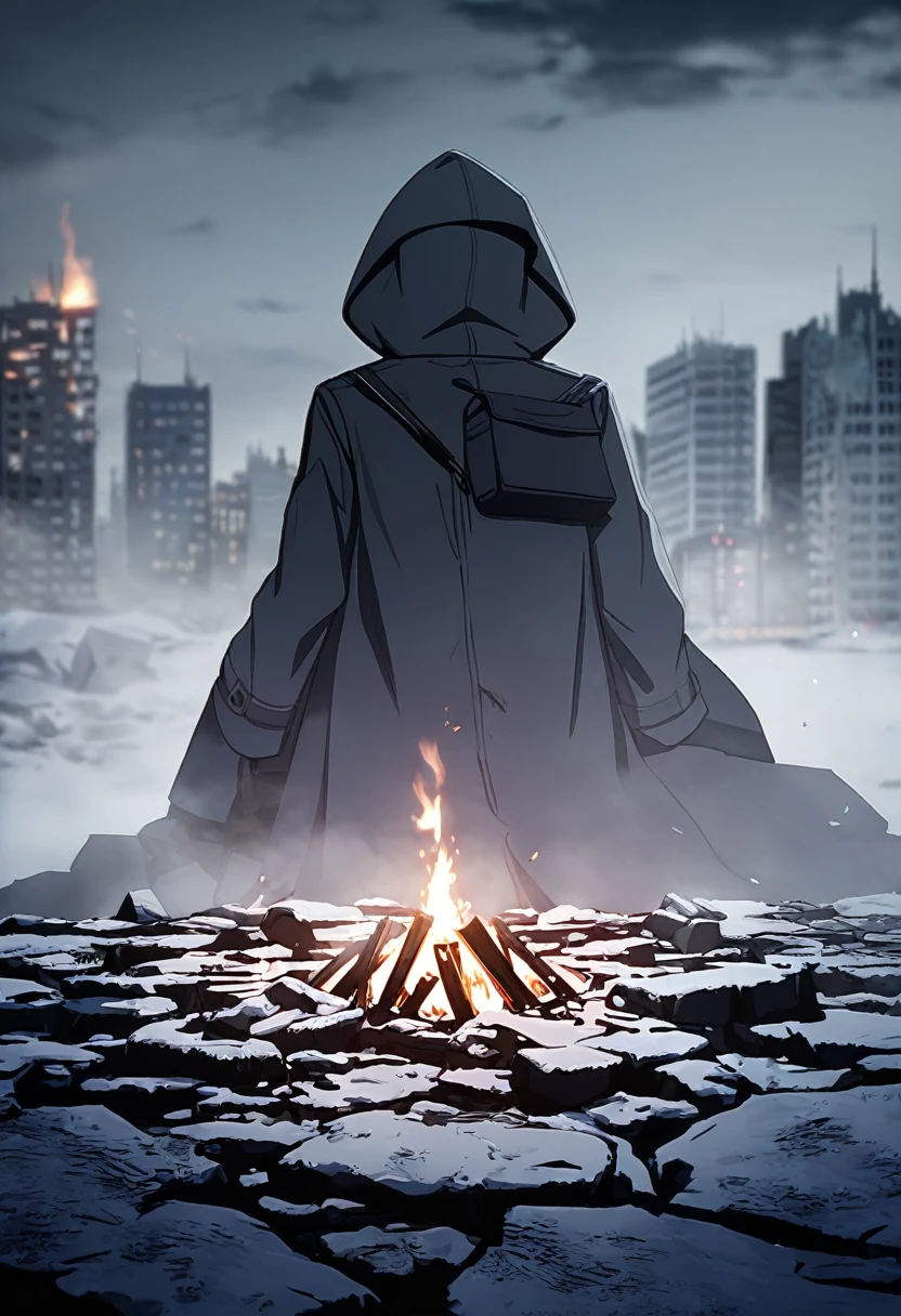 man, 21 years old, survivor, dressed in a long coat, Hood, mask, backpack, winter apocalypse, Loneliness, gloom, Dead city, bonfire, night