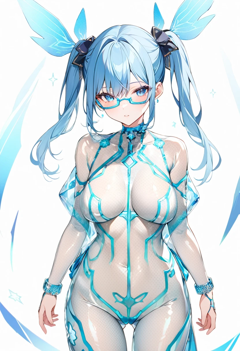 Blue Star,Twin tails,See-through,Top view,Standing on a white floor,See-through,Blue light pattern,sexyデザインのSee-throughボディスーツ,Transparent skin,胸元にBlue Starのデザイン,胸元がSee-throughボディスーツ,Shiny bodysuit,sexy,Big blue light bracelet,Big blue light anklet,Blue light accessories that dig into your thighs,Accentuated chest,Accentuated chest shape,Close-up of face and chest,