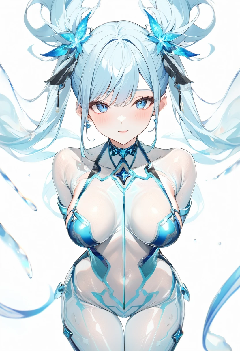 Blue Star,Twin tails,See-through,Top view,Standing on a white floor,See-through,Blue light pattern,sexyデザインのSee-throughボディスーツ,Transparent skin,胸元にBlue Starのデザイン,胸元がSee-throughボディスーツ,Shiny bodysuit,sexy,Big blue light bracelet,Big blue light anklet,Blue light accessories that dig into your thighs,Accentuated chest,Accentuated chest shape,Close-up of face and chest,