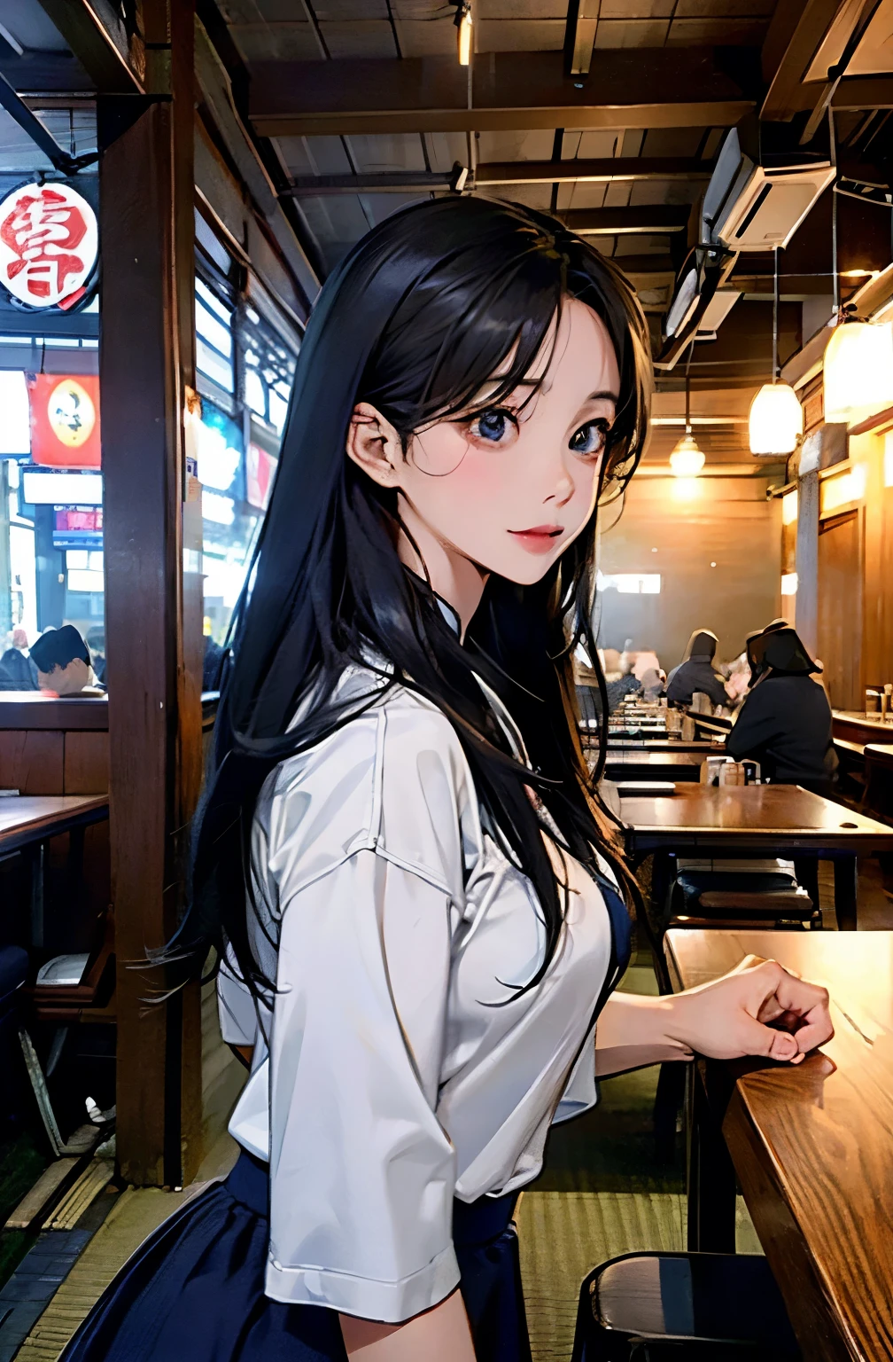 Distinct facial features、Small breasts、Izakaya、busy、Bright room、Many people、Several tables、People in their 30s、profile、White shirt、Navy Skirt、