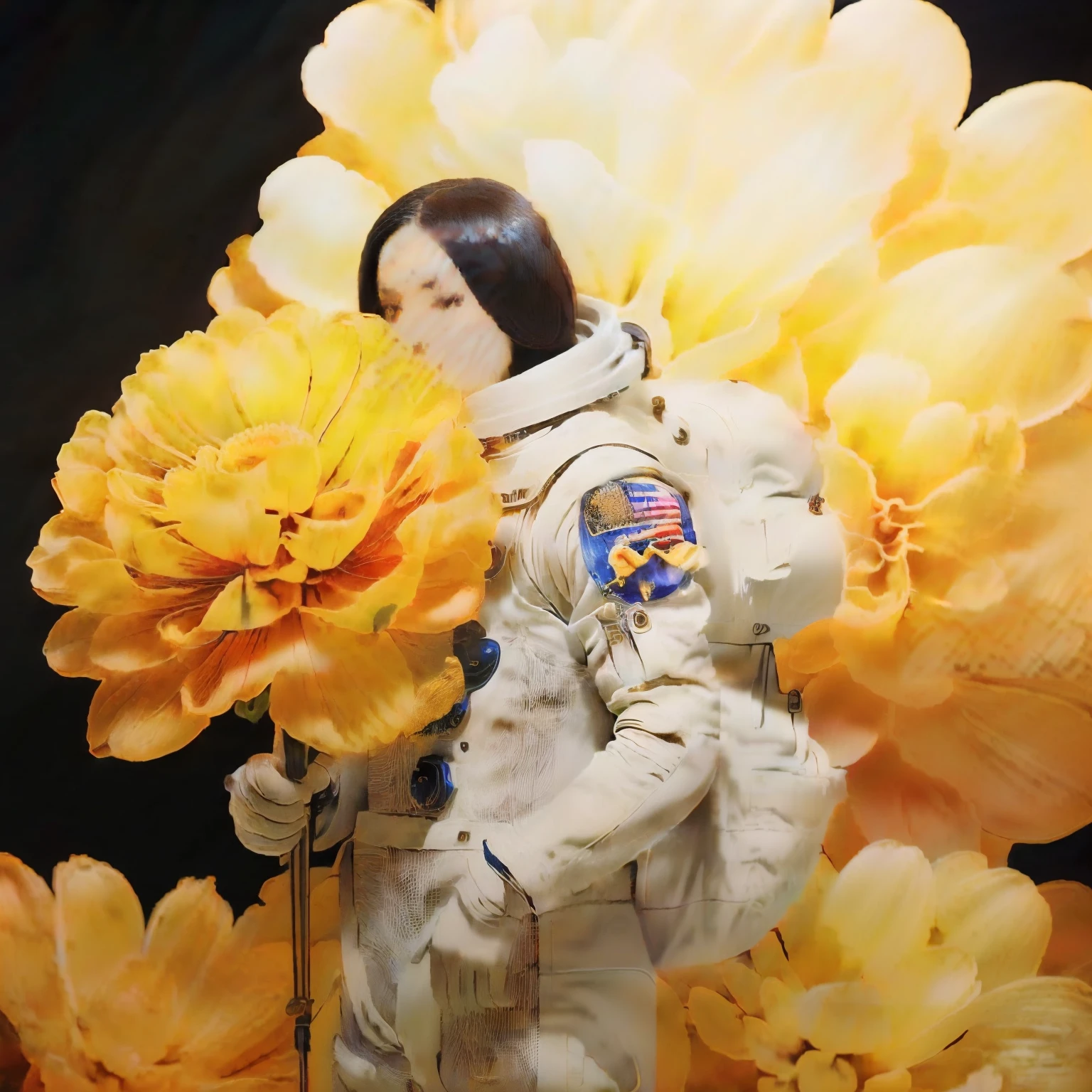 An astronaut, Walking on blooming roses, full body, militaristic realism, hd mod, dark gold, distinctive noses