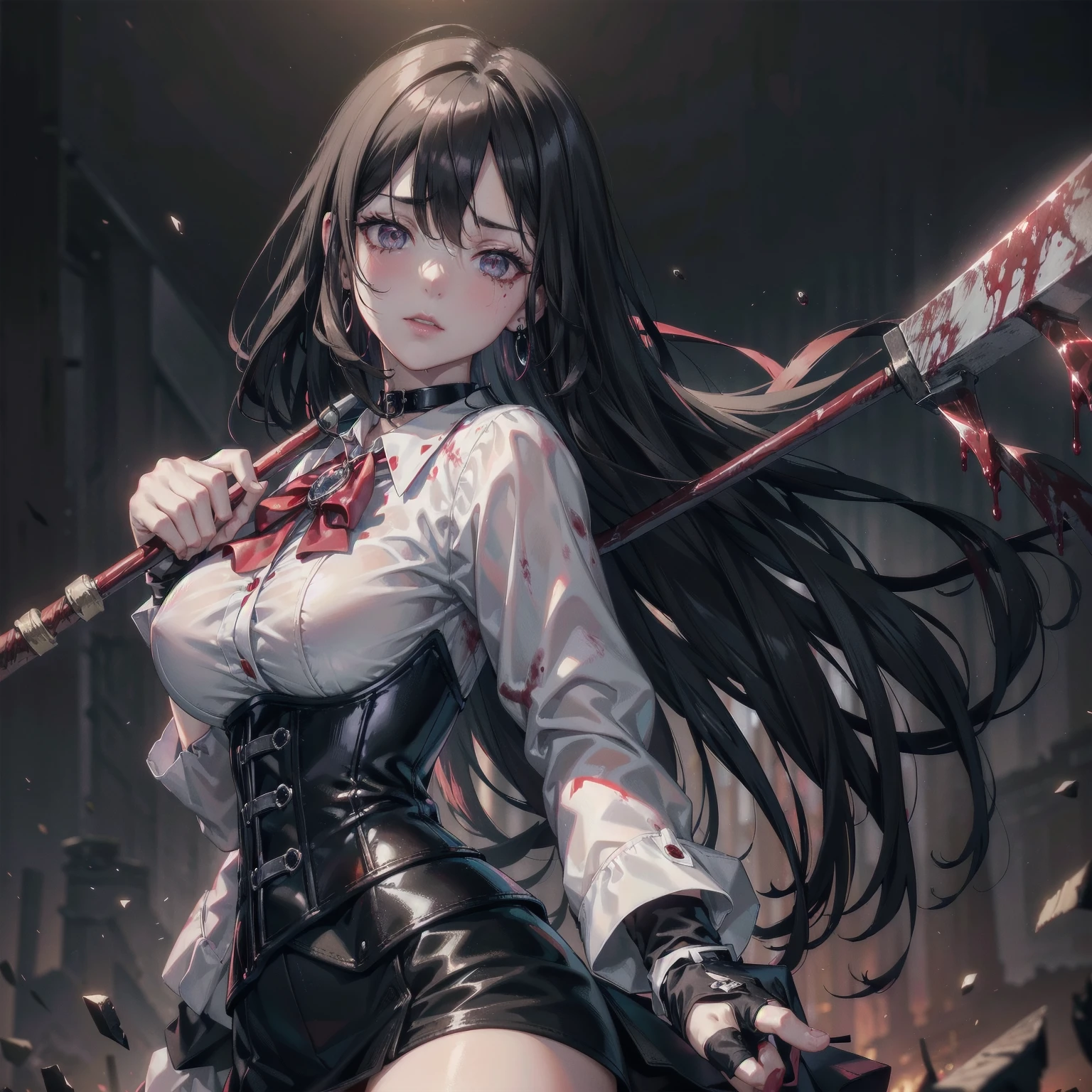 ((blood droplets)), ((blood)), ((blood splatter)), ((blood on clothes)) ((blood stain)), masterpiece, Superior image quality, High resolution, 4k image,photo and gross, photorealistic, whole body, distant view, ung man of 15 years, {{{vagina}}}, big breasts, beautiful face, long black hair, black eyes, very detailed eyes, pink cheeks, serious expression, choker:1.6, (white collar button down long sleeve shirt), black gloves, gloves that cover hands, (holding an ax in the right hand), (black leather corset), (shiny black miniskirt), Sensual Lips, show details in the eyes, View from the front, looking at the viewer, standing in a dark room, at night, crimson sky,