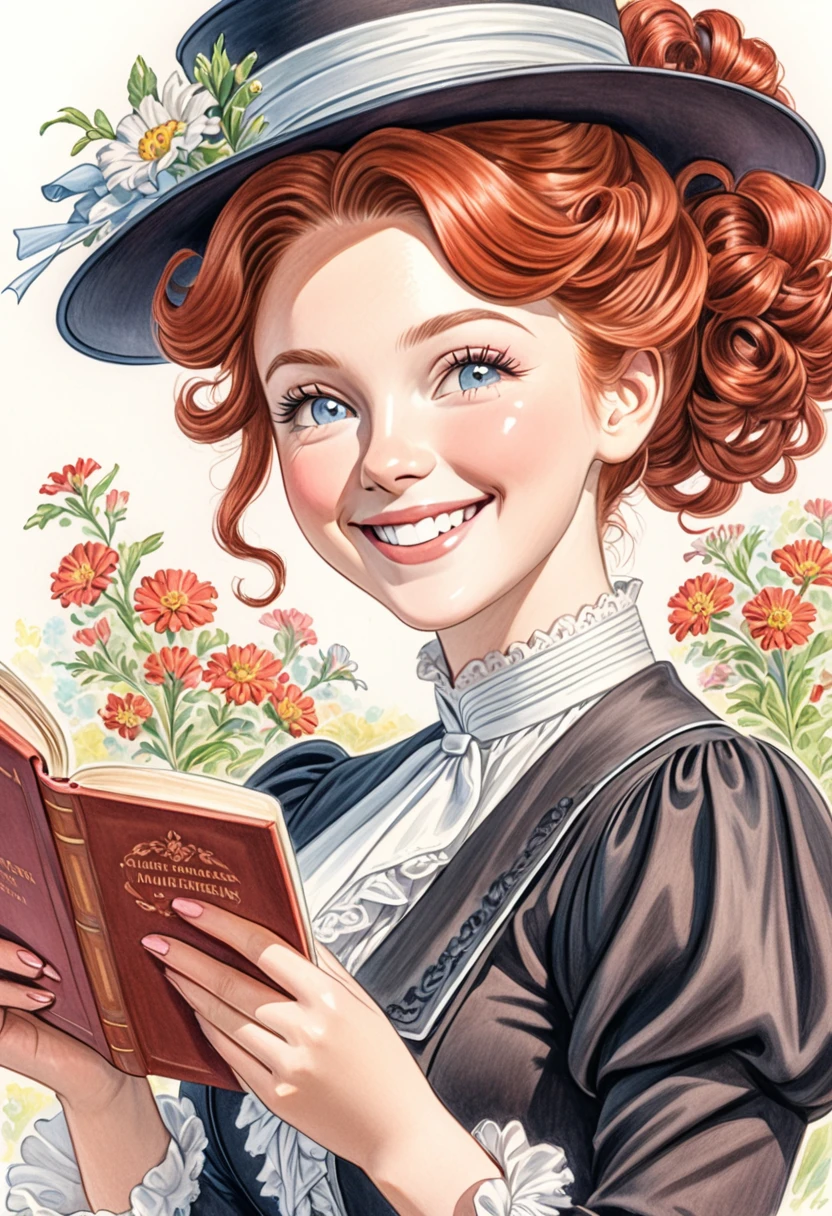 A colored pencil drawing of a pretty smiling happy victorian governess, curly auburn red hair. Kind and inteligent, joyful energy. hair in bun, hat. book of poetry in hand.