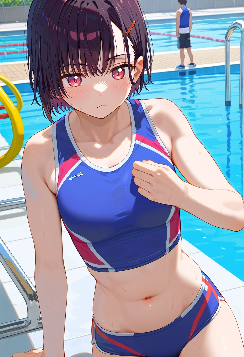 Mikazuki Shizuka, alone,One girl, Sportswear,belly button,A man touches a woman,1boy,Poolside,BREAKscore_9, score_8_Excellent, score_7_Excellent, anime