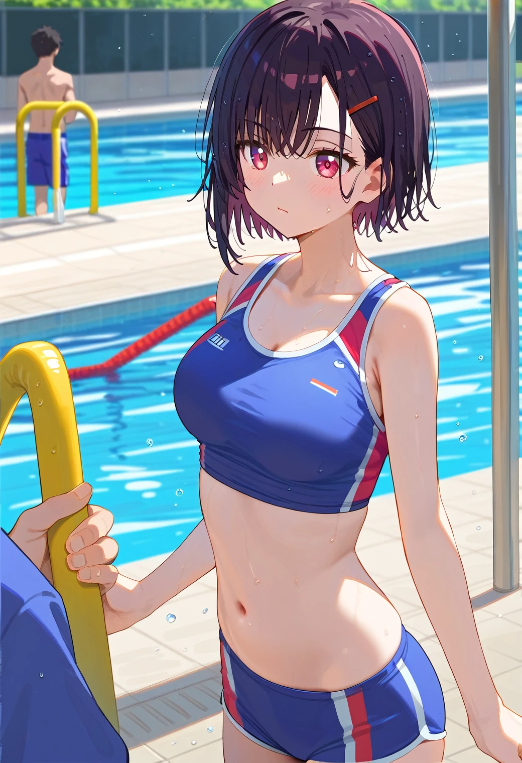 Mikazuki Shizuka, alone,One girl, Sportswear,belly button,A man touches a woman,1boy,Poolside,BREAKscore_9, score_8_Excellent, score_7_Excellent, anime