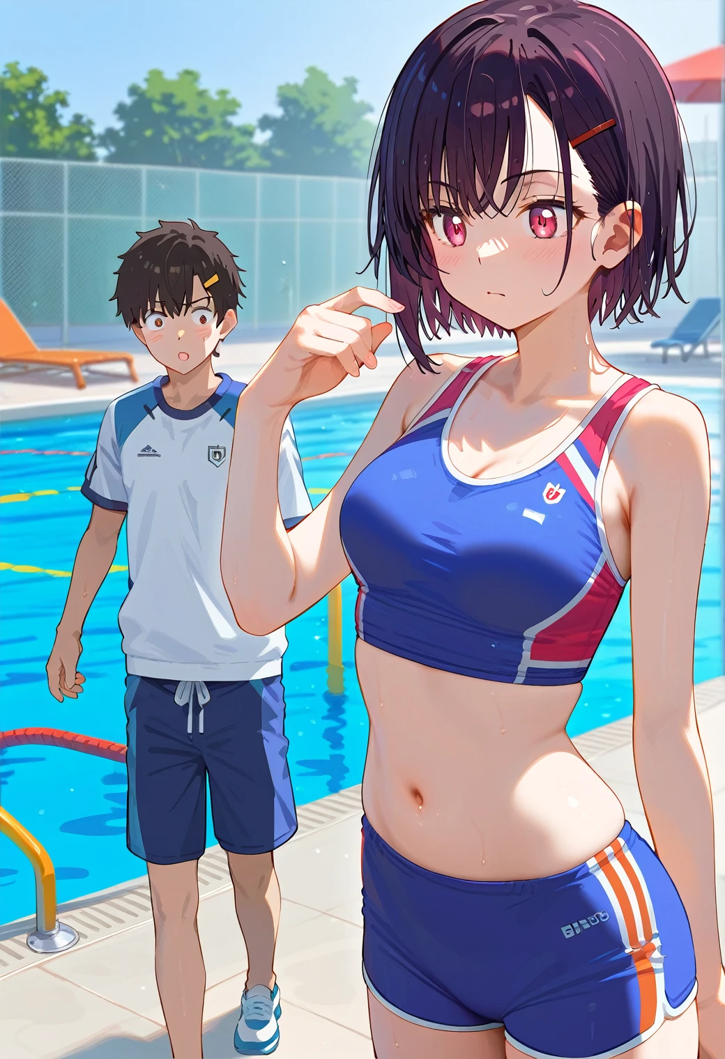 Mikazuki Shizuka, alone,One girl, Sportswear,belly button,A man touches a woman,1boy,Poolside,BREAKscore_9, score_8_Excellent, score_7_Excellent, anime