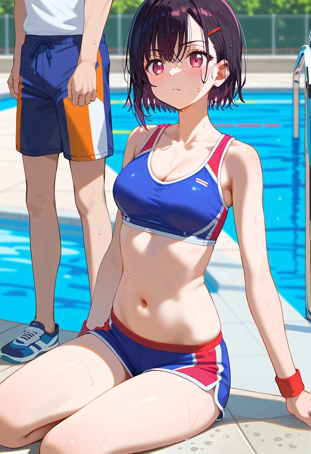 Mikazuki Shizuka, alone,One girl, Sportswear,belly button,Open up,Cunnilingus,1boy,Poolside,blush,feel ashamed,BREAKscore_9, score_8_Excellent, score_7_Excellent, anime