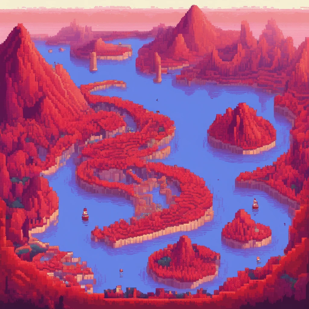 There is a map on the table. The map shows a huge red continent with red vegetation resembling a spiral. In a huge red continent with red vegetation resembling a spiral, there are five small red islands with red vegetation. To the left of a huge red continent with red vegetation resembling a spiral is a union of red islands with red vegetation that form a harbor. there are poles below and above. all this is surrounded by a huge amount of lavender-colored water.
