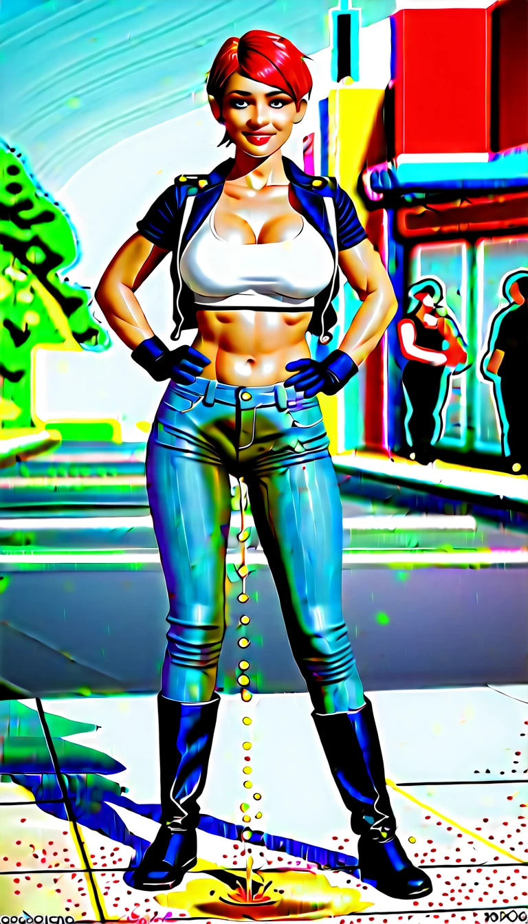 1girl, , wetting jeans, rating_explicit, ((cameltoe, urine stream, urine particles, wet herself, peed herself, wet spot,,))(Masterpiece:1.3) (best quality:1.2) (high quality:1.1), ((standing, looking at viewer, smile, bedroom eyes, hands on hips)), full body, realistic, leather boots, public street background, black leather jacket, white crop top, biker gloves, (((curvy, wide hips, thick legs, large breasts))), red hair, pixie cut, short hair, bangs, red lipstick, beautiful woman,