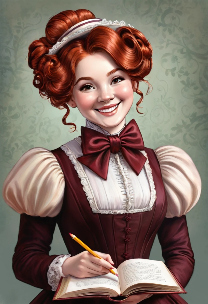 A colored pencil drawing of a pretty smiling happy victorian governess, curly auburn red hair. Kind and inteligent, joyful energy. hair in bun, hat. book of poetry in hand. 
