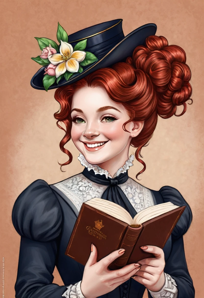 A colored pencil drawing of a pretty smiling happy victorian governess, curly auburn red hair. Kind and inteligent, joyful energy. hair in bun, hat. book of poetry in hand.