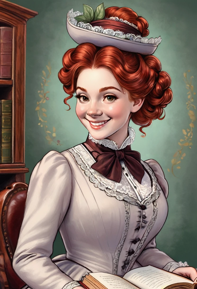 A colored pencil drawing of a pretty smiling happy victorian governess, curly auburn red hair. Kind and inteligent, joyful energy. hair in bun, hat. book of poetry in hand.