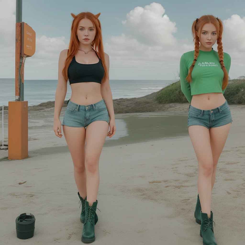 Cute catgirl, 31 years old, 5' 9" tall, flowing ginger hair in pigtails, bright gree eyes that shimmer like emeralds, fair skin, orange cropped t-shirt, green low rise jeans, black boots, jewelry, accessories, standing in front of a coastline, well lit, extremely detailed, 8k UHD