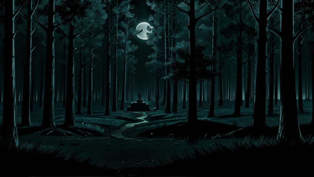 an ominous, vague figure, moonlight, scary forest, stone monuments