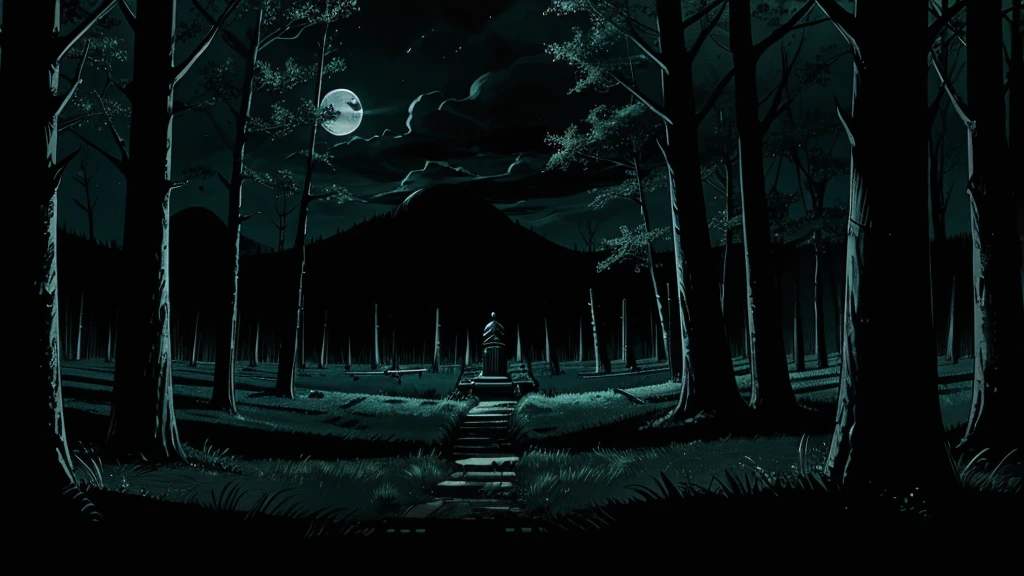 an ominous, vague figure, moonlight, scary forest, stone monuments
