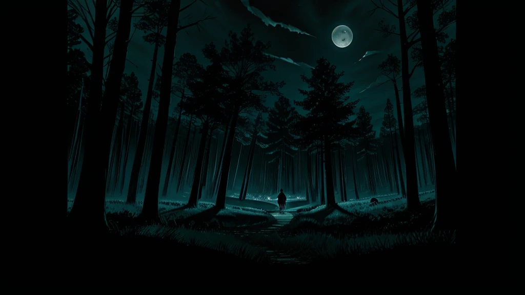 an ominous, vague figure, moonlight, scary forest, stone monuments