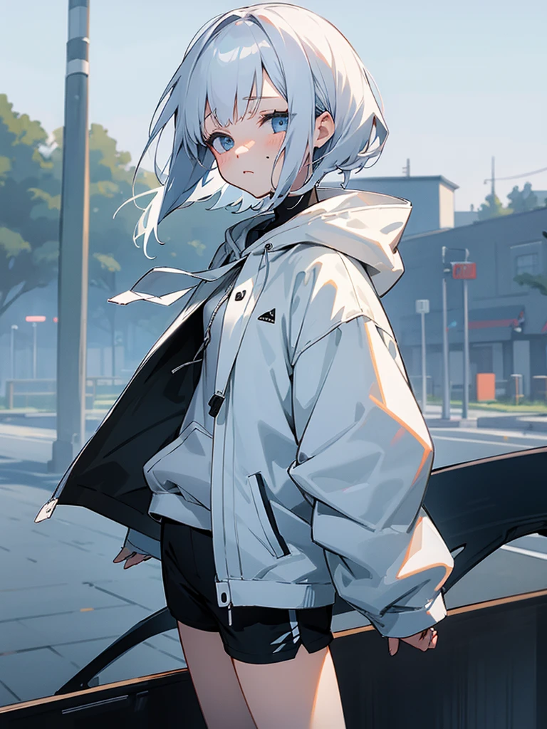 Dark anime style、White shorthair、10th Generation、girl、Sadness face、White hoodie、Black jacket、Black shorts、Peaceful town background、high resolution、Looking at this