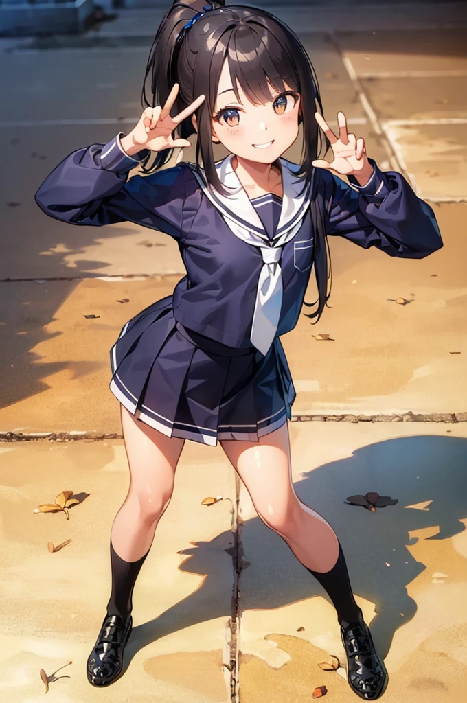 (masterpiece:1.8),(Highest quality:1.8),(Very detailed:1.8),(8k:1.8),(Ultra-fine Illustration:1.3),Random Hairstyles,Flat Chest,Long sleeve sailor suit,skirt,(Pose with a smile:1.5),,(Full body angle),, ponytail,Japanese girl,Five fingers