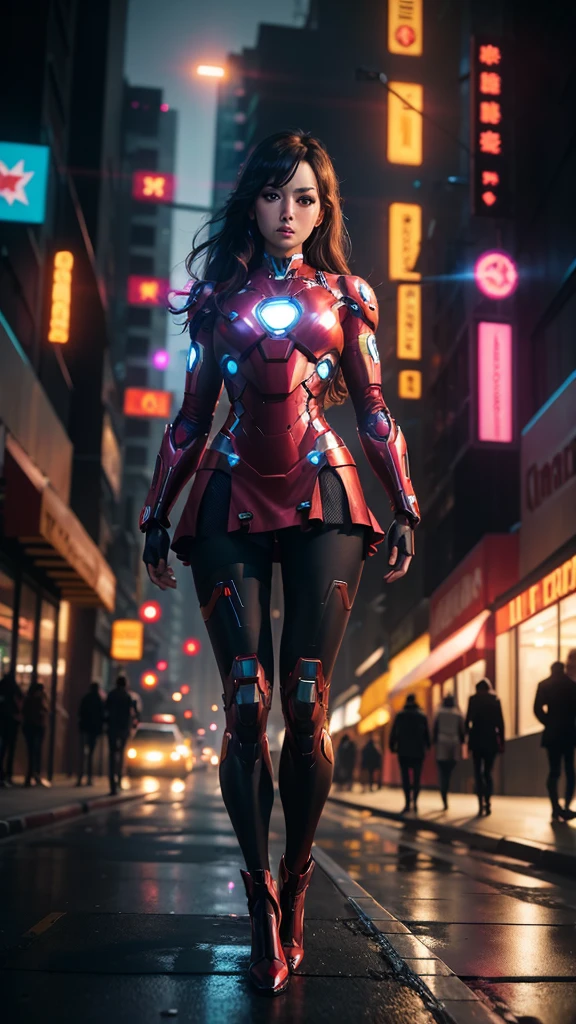 Beautiful Iron Man,Full body portrait,Wear a short skirt,Black pantyhose,Wearing high heels,Cyberpunk,Night,Hyperrealism,Neon Street,Ray Tracing,masterpiece,Light and Shadow,Fine drawing