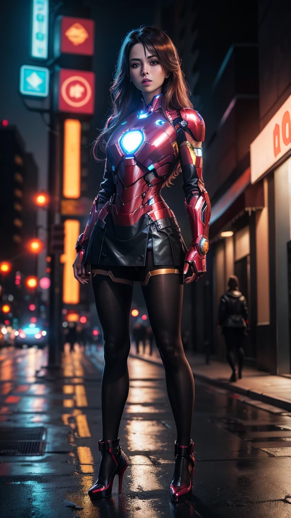 Beautiful Iron Man，Full body portrait，Wear a short skirt，Black pantyhose，Wearing high heels，Cyberpunk，Night，Hyperrealism，Neon Street，Ray Tracing，masterpiece，Light and Shadow，Fine drawing