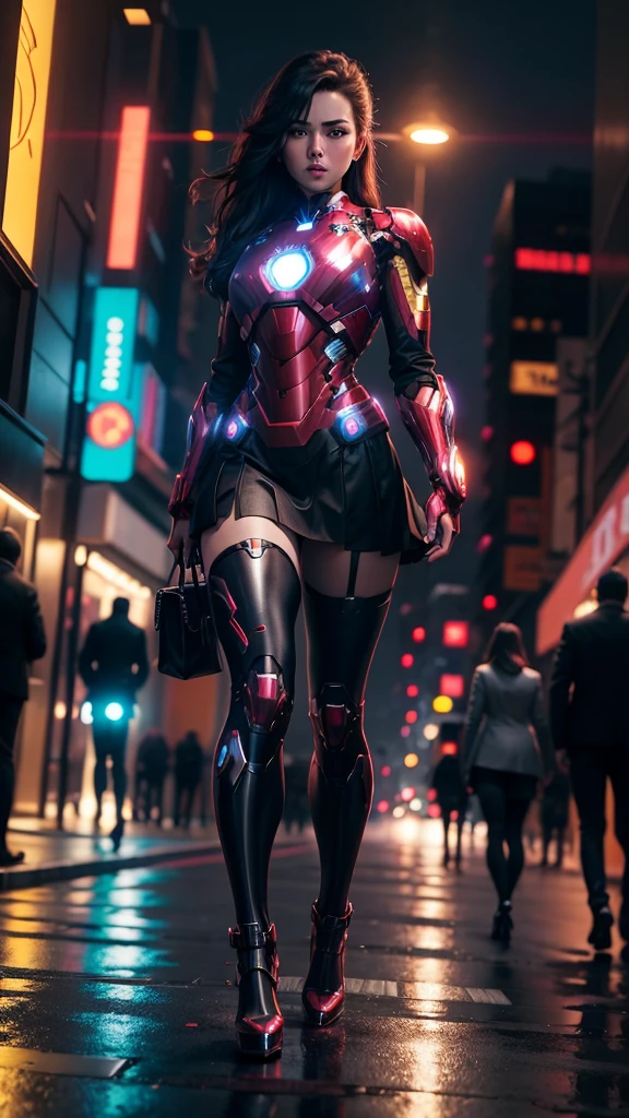 Beautiful Iron Man,Full body portrait,Wear a short skirt,Black pantyhose,Wearing high heels,Cyberpunk,Night,Hyperrealism,Neon Street,Ray Tracing,masterpiece,Light and Shadow,Fine drawing