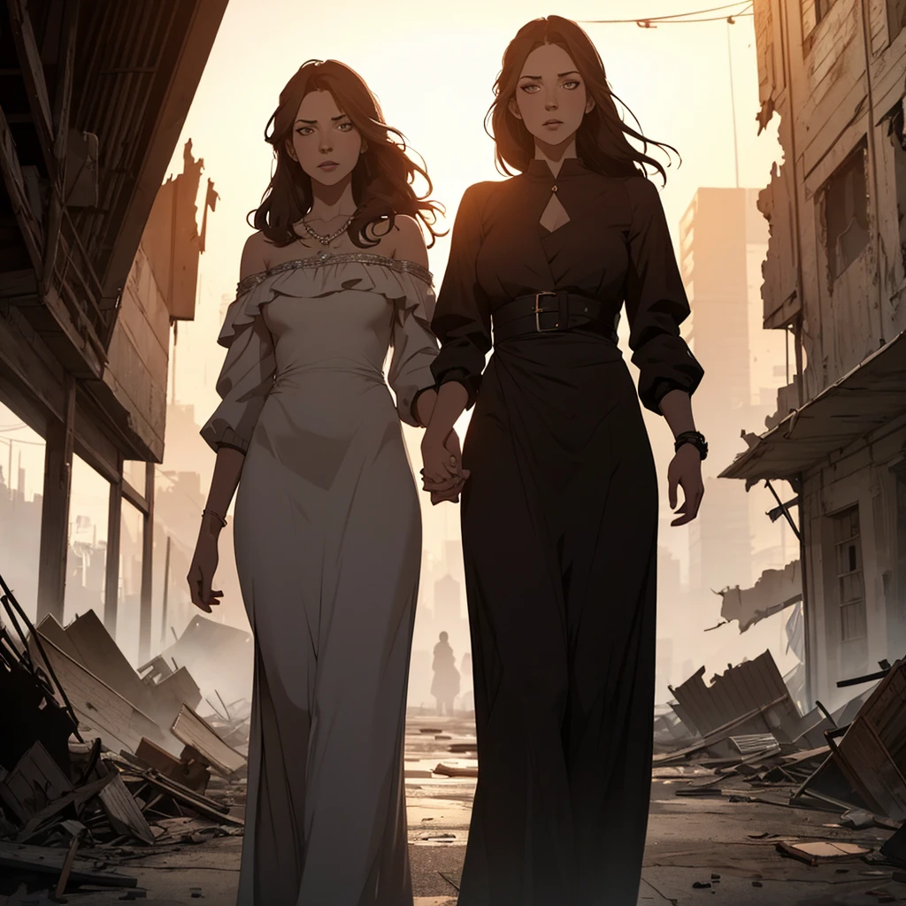 a mother and ??? holding hands looking at a destroyed city, detailed facial features, beautiful eyes and lips, elegant dress, warm lighting, cinematic composition, dramatic lighting, muted color palette, post-apocalyptic environment, highly detailed, 8k, photorealistic, masterpiece
