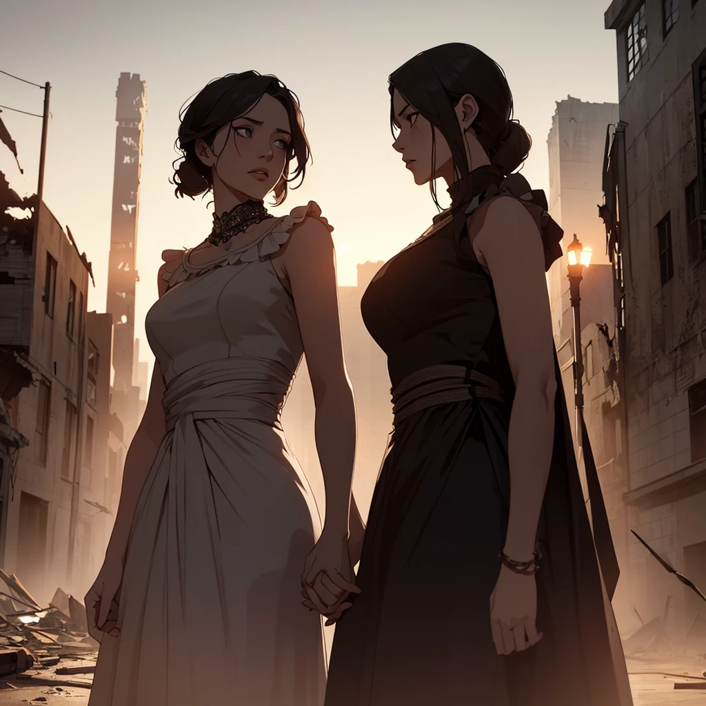 a mother and kid holding hands looking at a destroyed city, detailed facial features, beautiful eyes and lips, elegant dress, warm lighting, cinematic composition, dramatic lighting, muted color palette, post-apocalyptic environment, highly detailed, 8k, photorealistic, masterpiece