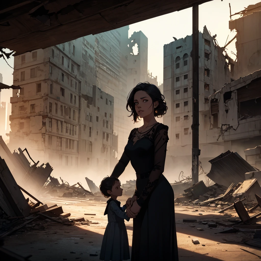 a mother and ??? holding hands looking at a destroyed city, detailed facial features, beautiful eyes and lips, elegant dress, warm lighting, cinematic composition, dramatic lighting, muted color palette, post-apocalyptic environment, highly detailed, 8k, photorealistic, masterpiece